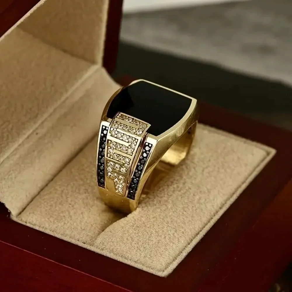 Black Agate Tungsten Steel Gold plated Mens CZ Diamond Ring NWT